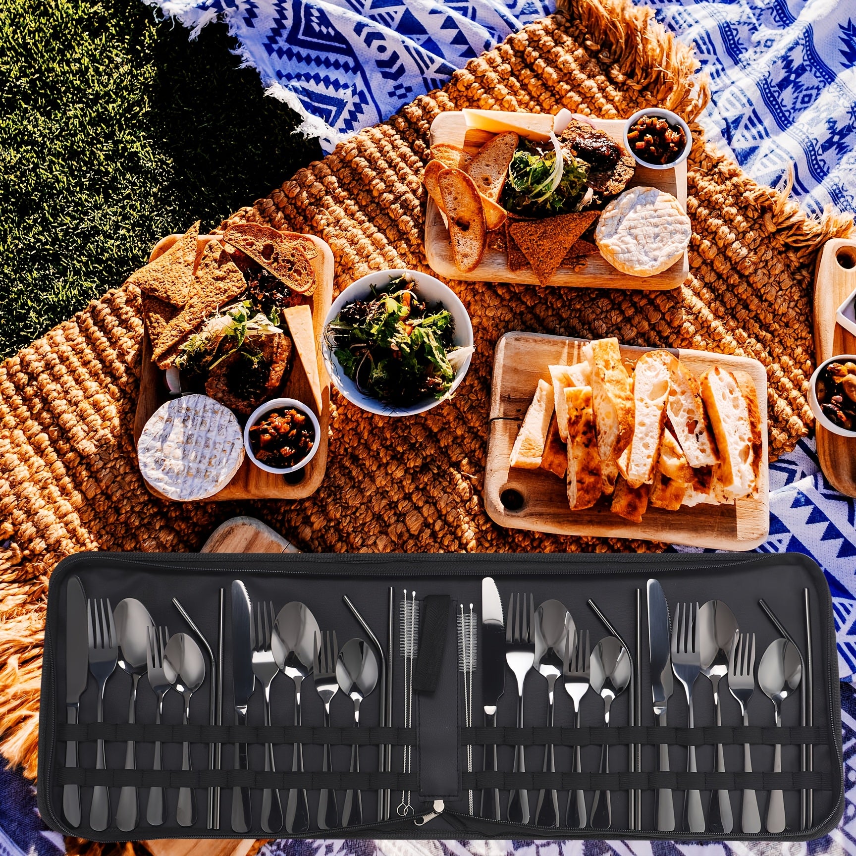 32pcs Summer Outdoor Portable Stainless Steel Outdoor Tableware Set, Includes Knife, Fork, Spoon, Straw and Cleaning Brush, Large Portable Bag. Reusable, Lightweight and Convenient, Suitable for Outdoor Picnics, Camping Gatherings, Travel, Gifts for Peopl