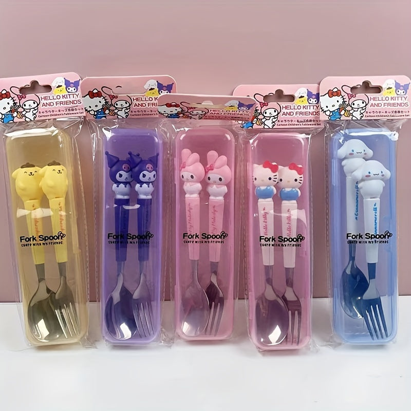 () Sanrio Cute Black Cat Maruko-chan and Hello Kitty Cartoon Spoon and Fork Set: Stainless Steel Kitchenware, 2pcs Set, Suitable for Restaurants and Food Trucks