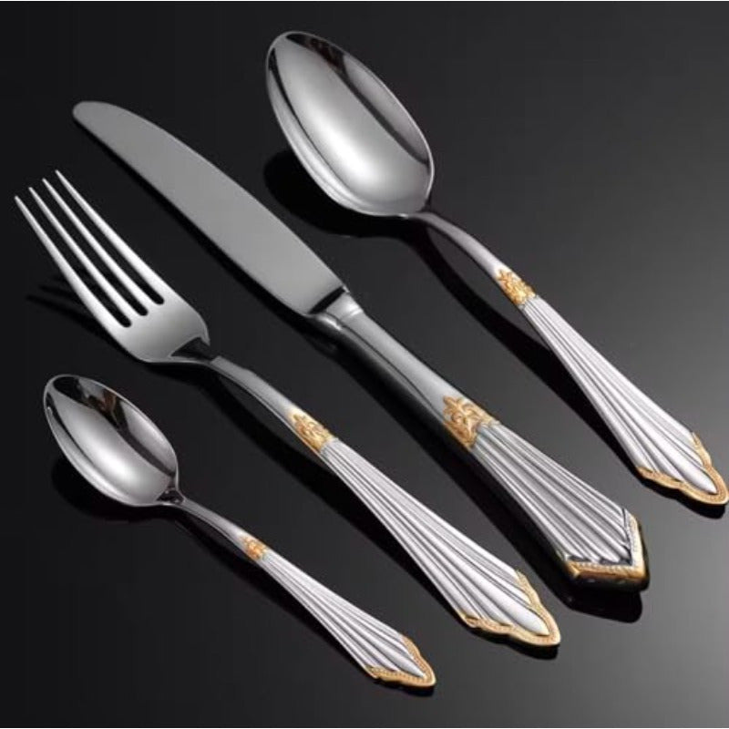 24pcs Luxury Flatware Set in Silvery Color with Golden Accents Premium 304 Stainless Steel Flatware Cutlery and Tableware. Serving 6.
