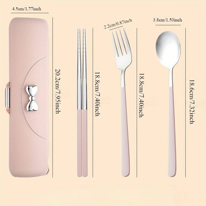A Set of Bow Tie Portable Cutlery - 3pcs Stainless Steel Utensils with Plastic Handles, Including Spoon, Fork, Chopsticks, And Storage Box - An Attractive Travel Cutlery Set.