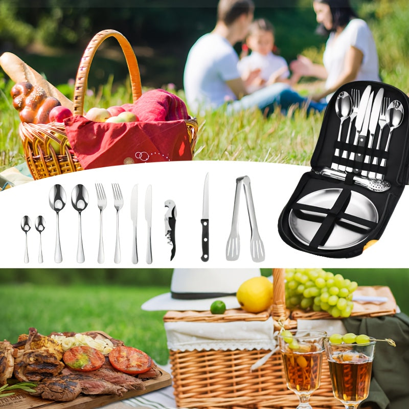 Outdoor Camping Tableware Set with Box, 16pcs Stainless Steel Utensils Including Dinner Knife, Forks, Plates, Soup Spoon, Bottle Opener, Coffee Spoon, Tongs and Storage Bag, Reusable and Dishwasher Safe, Suitable for Outdoor Travel, Picnic Camping, Party