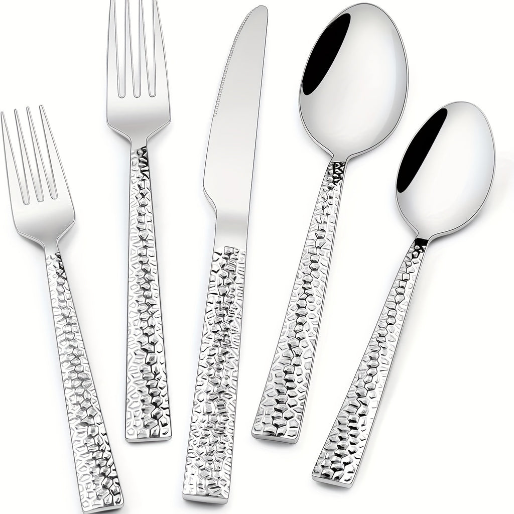 Hammered Silverware Set, 40- Stainless Square Flatware Set for 8- Grade Tableware Cutlery Set, Utensil Sets for Home Restaurant, Mirror Finish, Dishwasher Safe, Cutlery Sets for Dining, Cutlery Sets for Dining Table, Cutlery, Kitchen Utensils, Dining