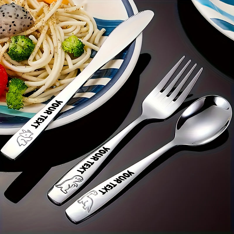 Personalized Stainless Steel Cutlery Set, Custom Carved Name, 3/6/9/12 Dinosaur Pattern Set, Including Knife, Fork, Spoon, And Teaspoon, Suitable for General Dining And Special Occasions