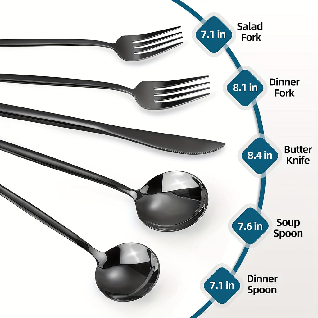 60pcs Luxury Black Stainless Steel Cutlery Set, 12 People Family Hotel Knives Forks Spoons Set With Gift Box, Including Dinner Knives, Dinner Spoons, Dinner Forks, Dessert Spoons, Dessert Forks, Perfect For Banquets, Parties, Restaurants