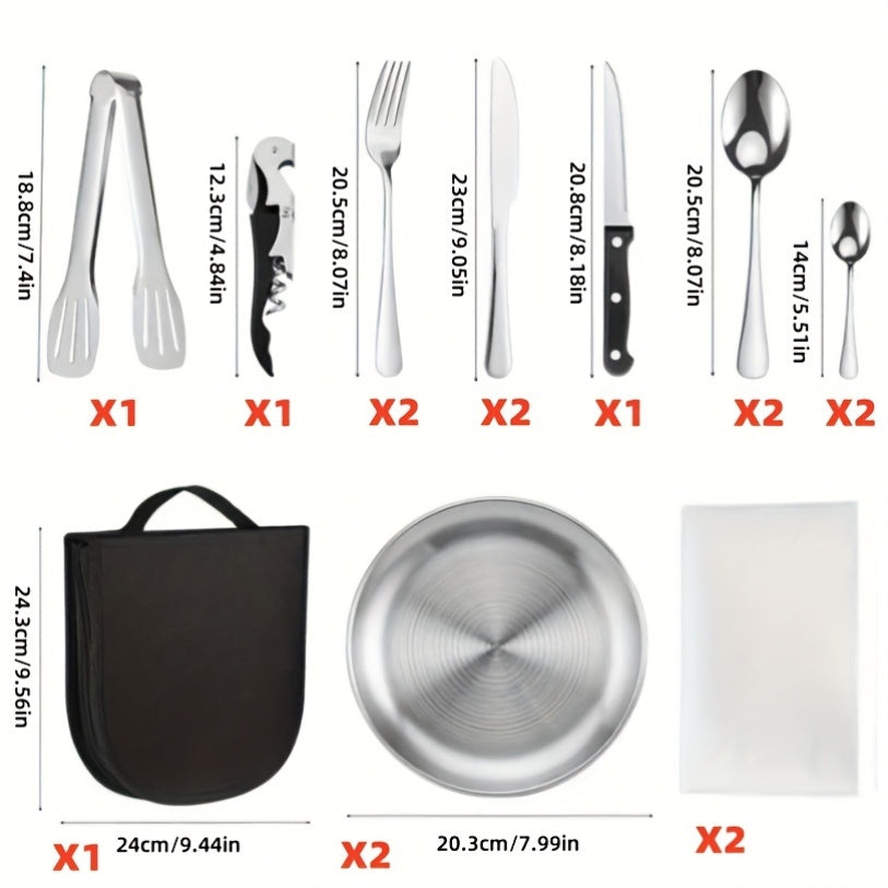 Outdoor Camping Tableware Set with Box, 16pcs Stainless Steel Utensils Including Dinner Knife, Forks, Plates, Soup Spoon, Bottle Opener, Coffee Spoon, Tongs and Storage Bag, Reusable and Dishwasher Safe, Suitable for Outdoor Travel, Picnic Camping, Party