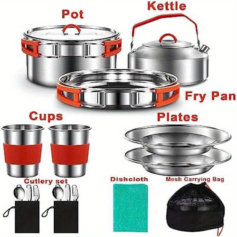 304 Stainless Steel Camping Cookware Set for 2 People - Complete Mess Kit with Pots, Pans, Kettle, Plates, Forks, Knives & Spoons | Lightweight & Durable Outdoor Cookware with Sturdy Carry Bag | Rust-Resistant, Even Heat Distribution for Camping, Picnic,