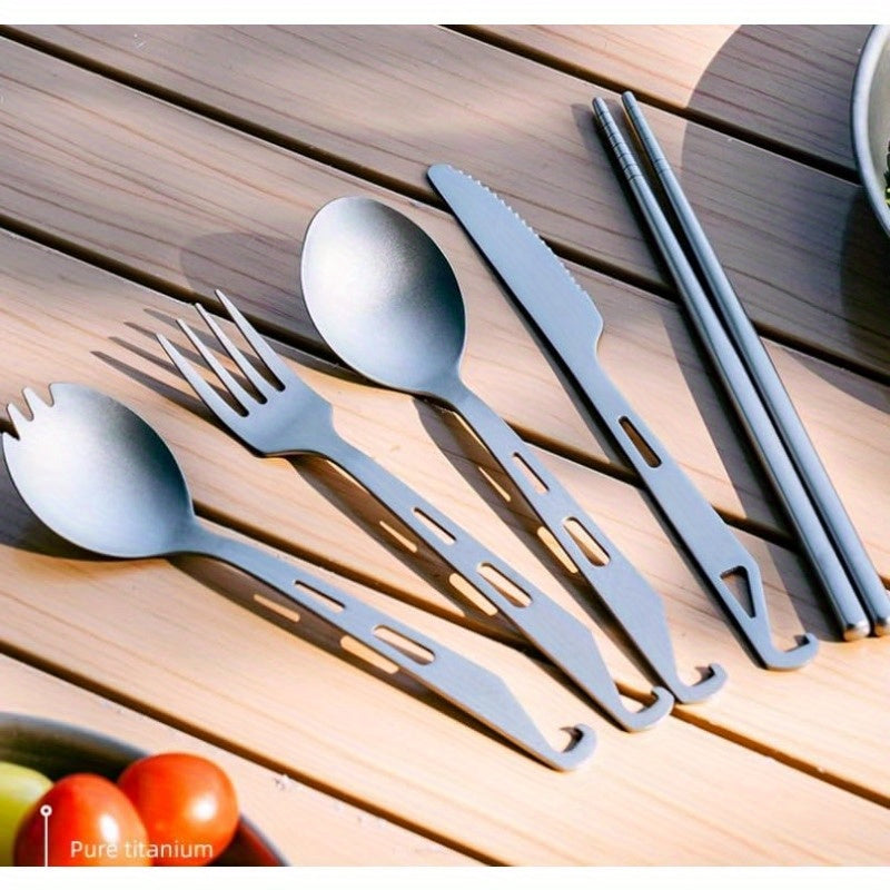 Titanium Camping Utensil Set 5pcs Lightweight Knife Fork Spoon Spork and Chopsticks UltraDurable for Backpac Backpacking Adventures, Hiking Gear, Backpacking Essentials, Mini Utensils, Spork Design, Smooth Finish, Topgrade Material, Multiuse Spoon,