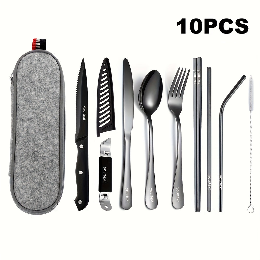 Customize Your Text, 9/10pcs Black Silvery Stainless Steel Outdoor Portable Cutlery Set, Travel Camping Set, Including Knife, Fork, Spoon, Chopsticks, Cleaning Brush, Straw, Bottle Opener, Steak Knife with Knife Cover, Safe And Not Easily Damaged