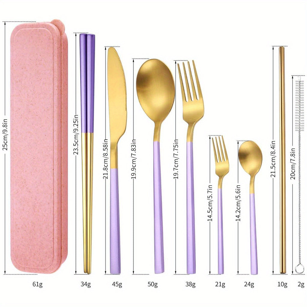 AARainbow 8pcs Stainless Steel Flatware Set Portable Reusable Cutlery Set Travel Utensils Set Including Chopsticks Knife Fork Spoon Straws Cleaning Brush Dishwasher Safe ( B- Purple Golden)
