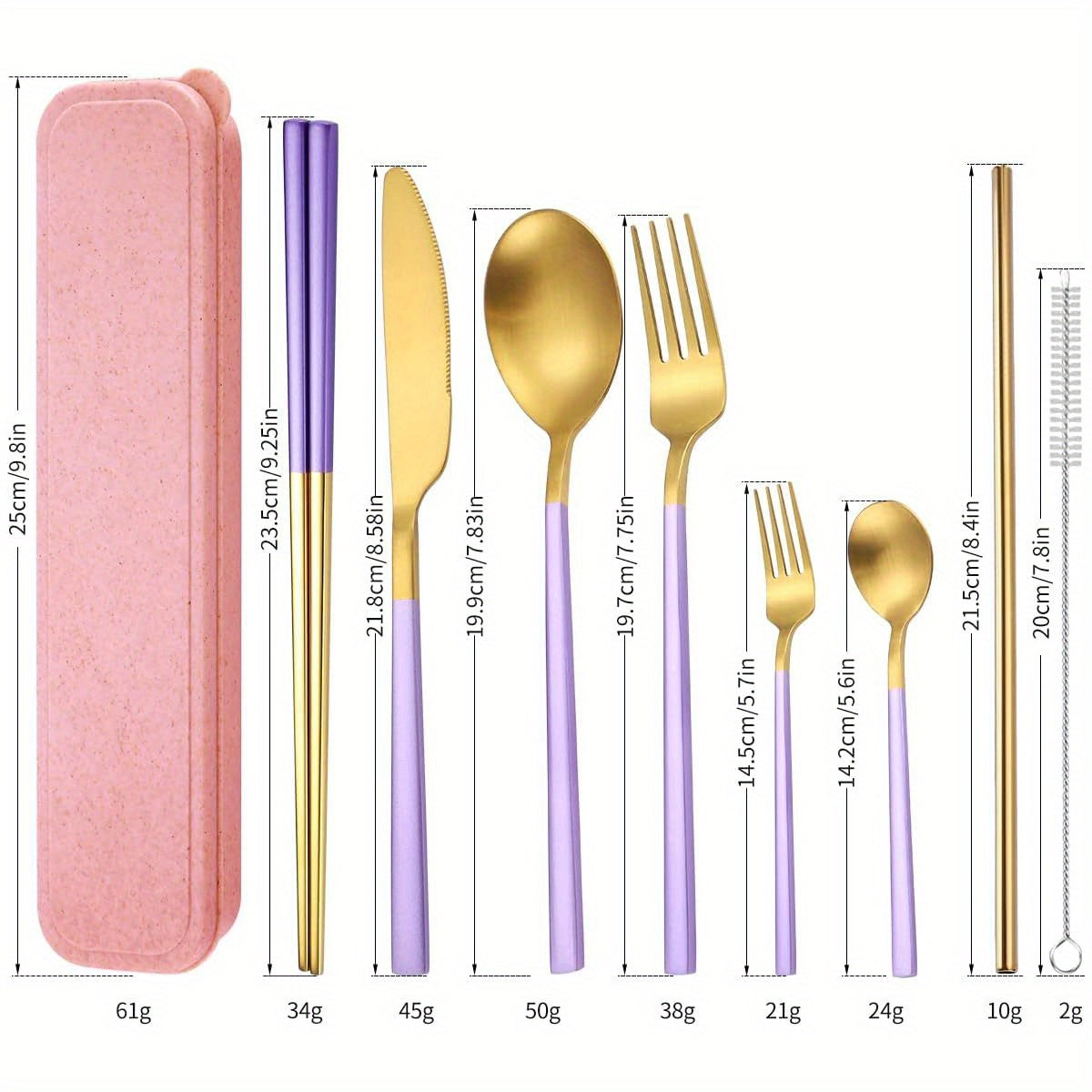 AARainbow 8pcs Stainless Steel Flatware Set Portable Reusable Cutlery Set Travel Utensils Set Including Chopsticks Knife Fork Spoon Straws Cleaning Brush Dishwasher Safe ( B- Purple Golden)
