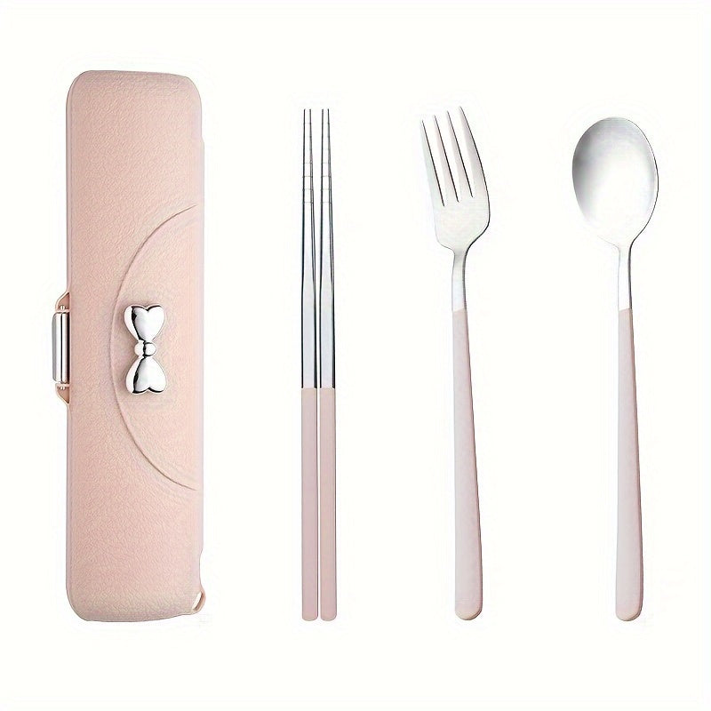 A Set of Bow Tie Portable Cutlery - 3pcs Stainless Steel Utensils with Plastic Handles, Including Spoon, Fork, Chopsticks, And Storage Box - An Attractive Travel Cutlery Set.