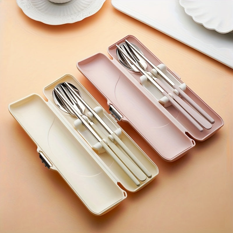 A Set of Bow Tie Portable Cutlery - 3pcs Stainless Steel Utensils with Plastic Handles, Including Spoon, Fork, Chopsticks, And Storage Box - An Attractive Travel Cutlery Set.