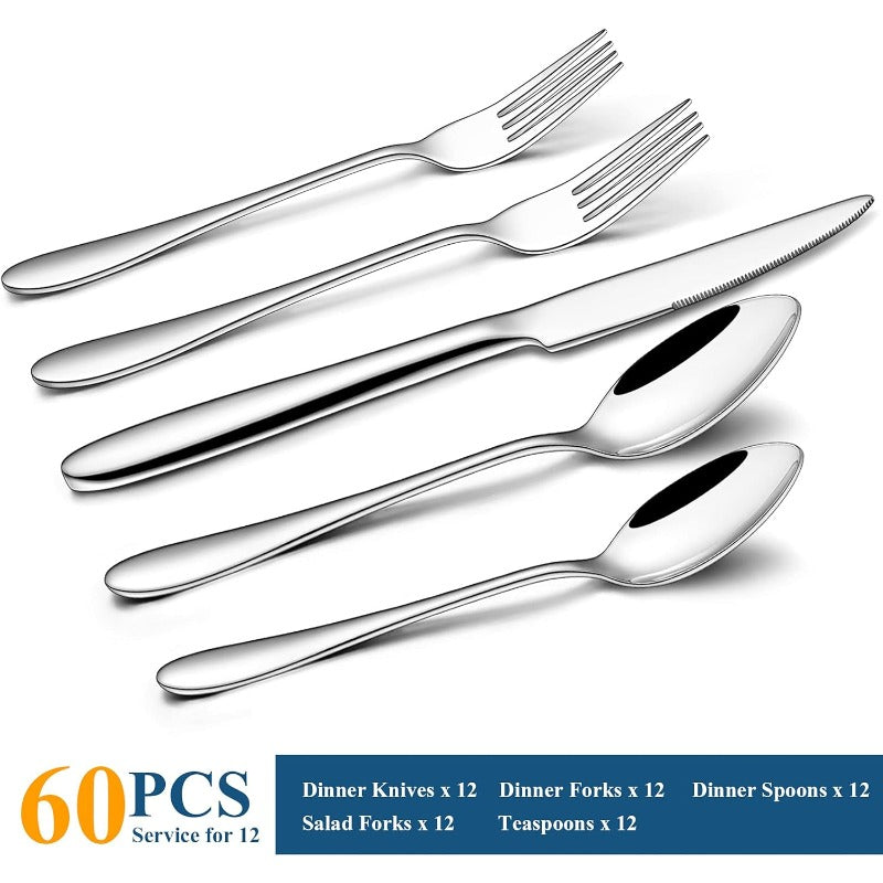 60pcs Silverware Set Stainless Steel Flatware Set Service for 12 Tableware Cutlery Set for Home Kitchen Hotel Restaurant Mirror Polished Dishwasher Safe, Cutlery Sets for Dining, Restaurant Supplies, Kitchen Essentials, Modern Silverware, Stylish