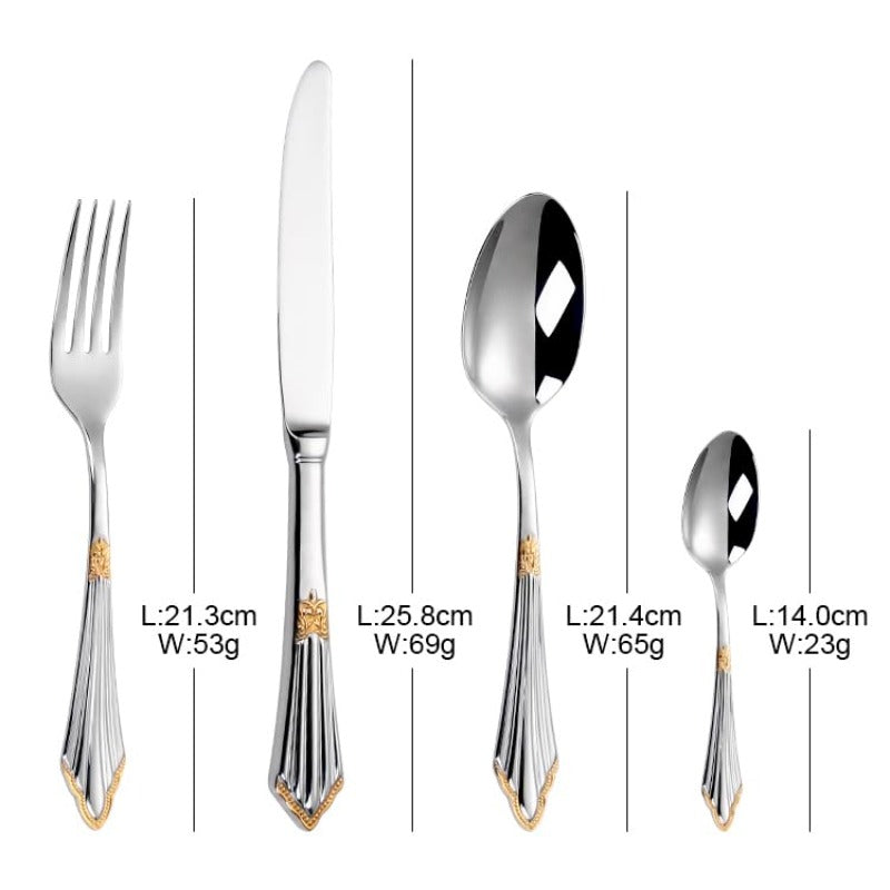 24pcs Luxury Flatware Set in Silvery Color with Golden Accents Premium 304 Stainless Steel Flatware Cutlery and Tableware. Serving 6.