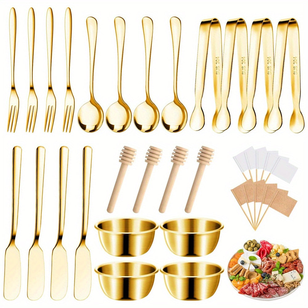 Stainless Steel Knife, Fork, And Spoon Set, Cheese And Butter Spreading Knife Set, With Cutting Board, Fork, Spoon, Cutlery, Toothpicks, And Flags, Suitable For Outdoor Gatherings And Pastry Making