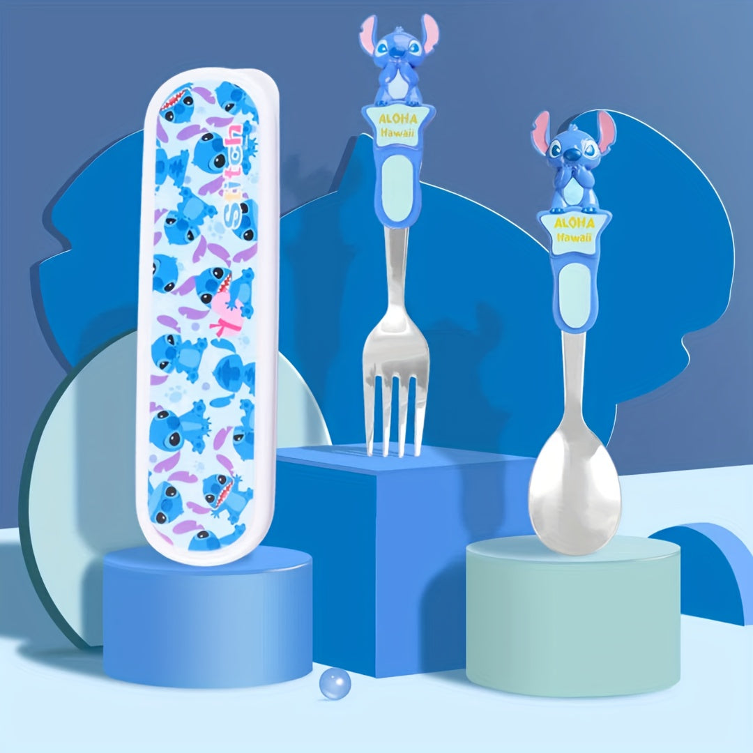 Disney Set of 3 Stitch Stainless Steel Fork And Spoon in a Box, Salad fork, soup spoon, Covered cutlery storage box, Portable And Reusable Cutlery, Cute Supplies for Home And Outdoor, Perfect for Christmas Or Birthday Gifts.