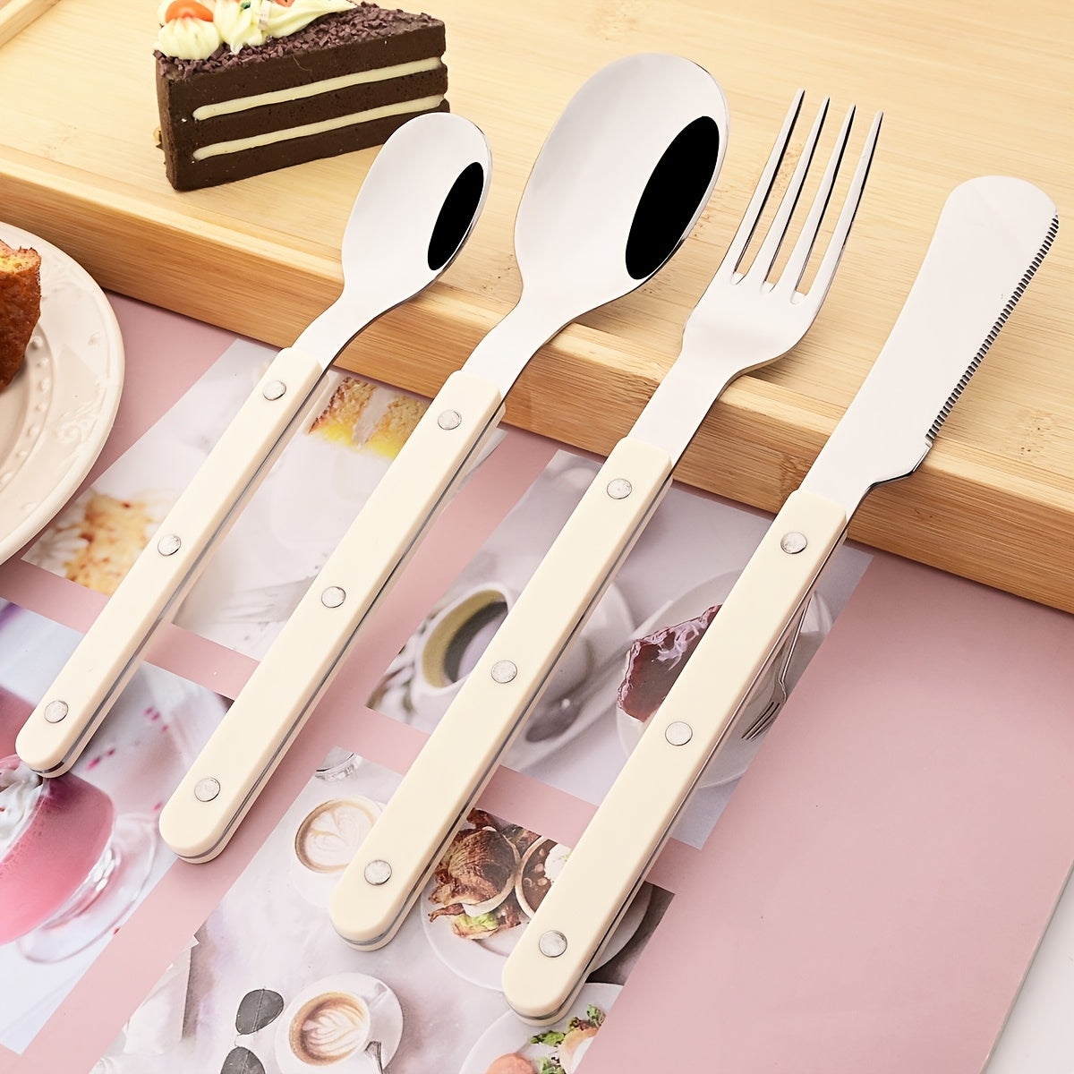4/16/24pcs Imitation Acrylic Handle Tableware Set, Mirror Stainless Steel Tableware, Dinner Knife, Fork, Spoon, Coffee Spoon Tableware Set, Suitable for Parties, Weddings, Festivals, Restaurants, Hotels, Gifts.