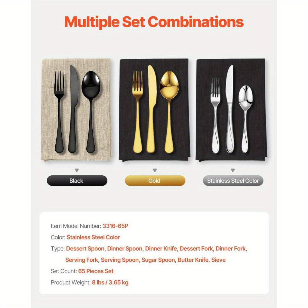 65Pie Silveryware Set Stainless Steel Cutlery Flatware Utensil Kitchen for 12