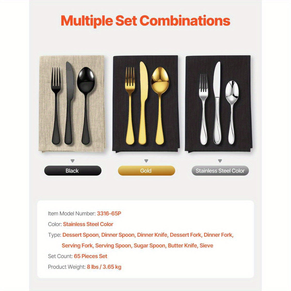 65Pie Silveryware Set Stainless Steel Cutlery Flatware Utensil Kitchen for 12