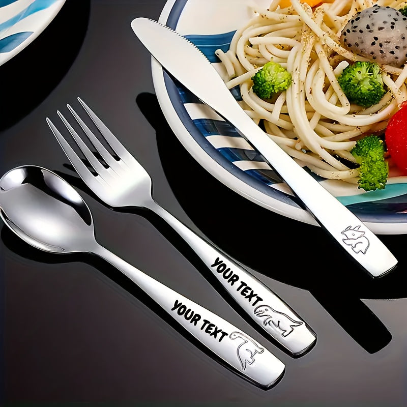 Personalized Stainless Steel Cutlery Set, Custom Carved Name, 3/6/9/12 Dinosaur Pattern Set, Including Knife, Fork, Spoon, And Teaspoon, Suitable for General Dining And Special Occasions