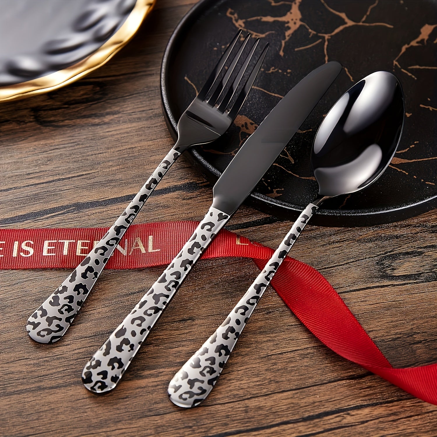 Personalized Black Leopard Print Tableware Set - Stainless Steel Spoon, Fork, Knife - Mirror Polished, Durable, Ideal for Home Kitchen, Holiday Dining | Stylish Cutlery | Durable Utensils, Spoo