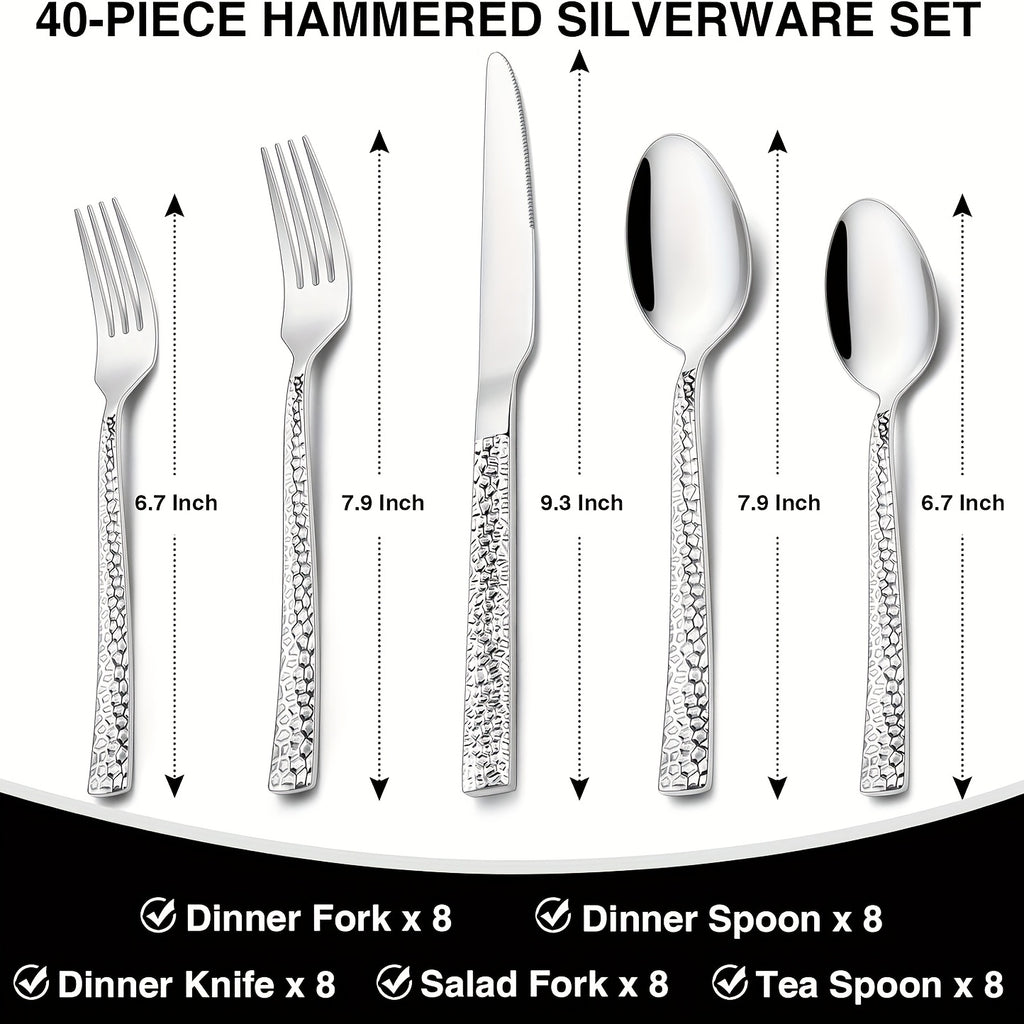 Hammered Silverware Set, 40- Stainless Square Flatware Set for 8- Grade Tableware Cutlery Set, Utensil Sets for Home Restaurant, Mirror Finish, Dishwasher Safe, Cutlery Sets for Dining, Cutlery Sets for Dining Table, Cutlery, Kitchen Utensils, Dining