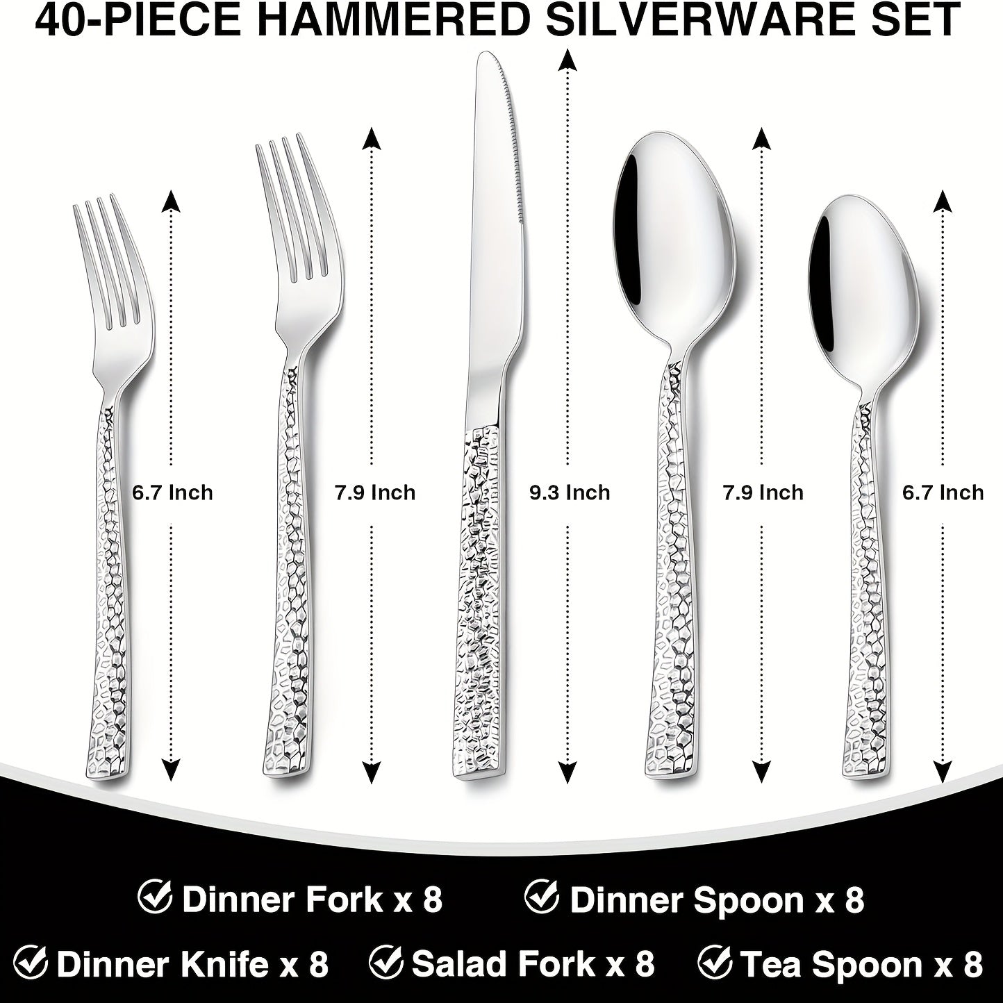Hammered Silverware Set, 40- Stainless Square Flatware Set for 8- Grade Tableware Cutlery Set, Utensil Sets for Home Restaurant, Mirror Finish, Dishwasher Safe, Cutlery Sets for Dining, Cutlery Sets for Dining Table, Cutlery, Kitchen Utensils, Dining