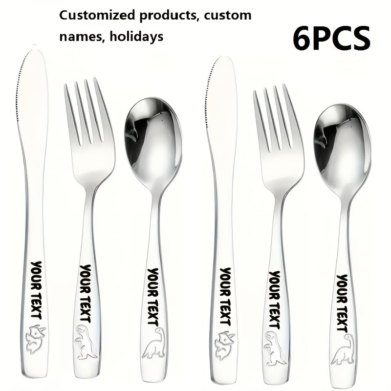 Personalized Stainless Steel Cutlery Set, Custom Carved Name, 3/6/9/12 Dinosaur Pattern Set, Including Knife, Fork, Spoon, And Teaspoon, Suitable for General Dining And Special Occasions