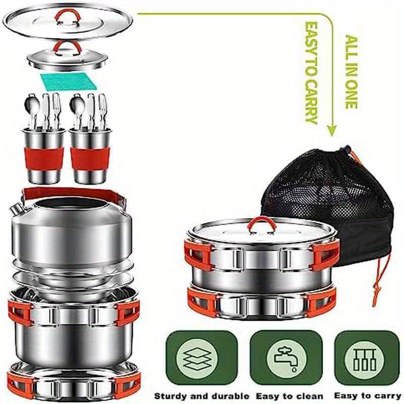 304 Stainless Steel Camping Cookware Set for 2 People - Complete Mess Kit with Pots, Pans, Kettle, Plates, Forks, Knives & Spoons | Lightweight & Durable Outdoor Cookware with Sturdy Carry Bag | Rust-Resistant, Even Heat Distribution for Camping, Picnic,