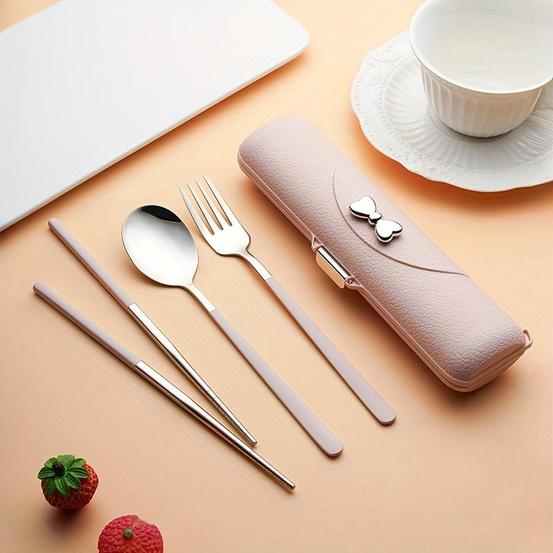A Set of Bow Tie Portable Cutlery - 3pcs Stainless Steel Utensils with Plastic Handles, Including Spoon, Fork, Chopsticks, And Storage Box - An Attractive Travel Cutlery Set.