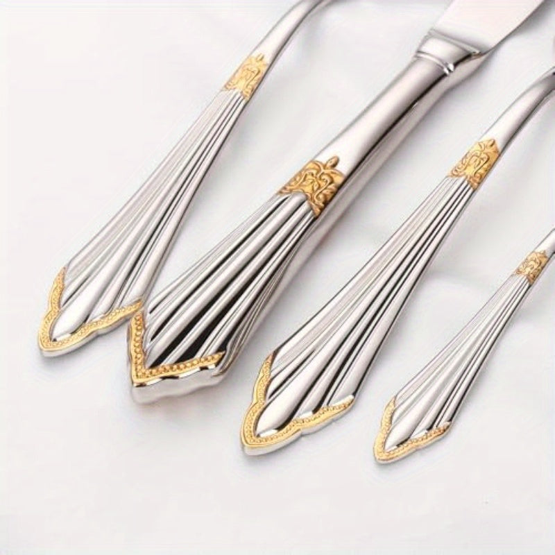 24pcs Luxury Flatware Set in Silvery Color with Golden Accents Premium 304 Stainless Steel Flatware Cutlery and Tableware. Serving 6.