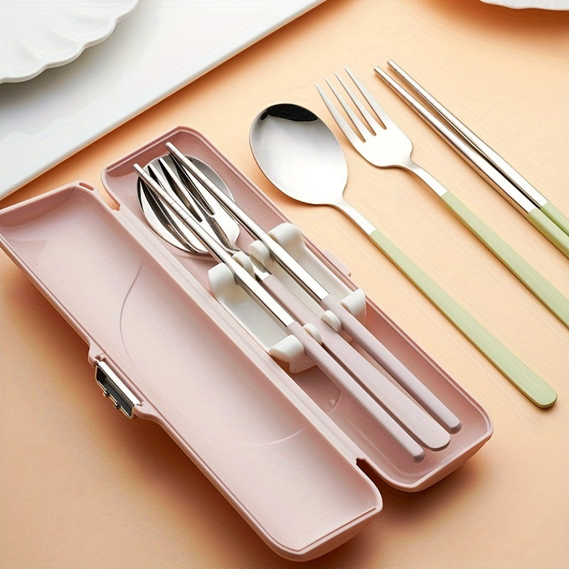 A Set of Bow Tie Portable Cutlery - 3pcs Stainless Steel Utensils with Plastic Handles, Including Spoon, Fork, Chopsticks, And Storage Box - An Attractive Travel Cutlery Set.