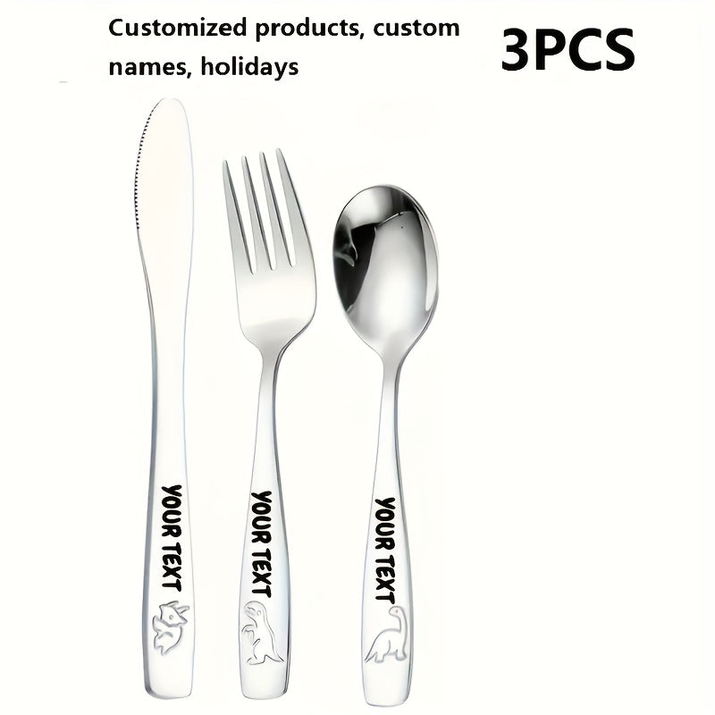 Personalized Stainless Steel Cutlery Set, Custom Carved Name, 3/6/9/12 Dinosaur Pattern Set, Including Knife, Fork, Spoon, And Teaspoon, Suitable for General Dining And Special Occasions