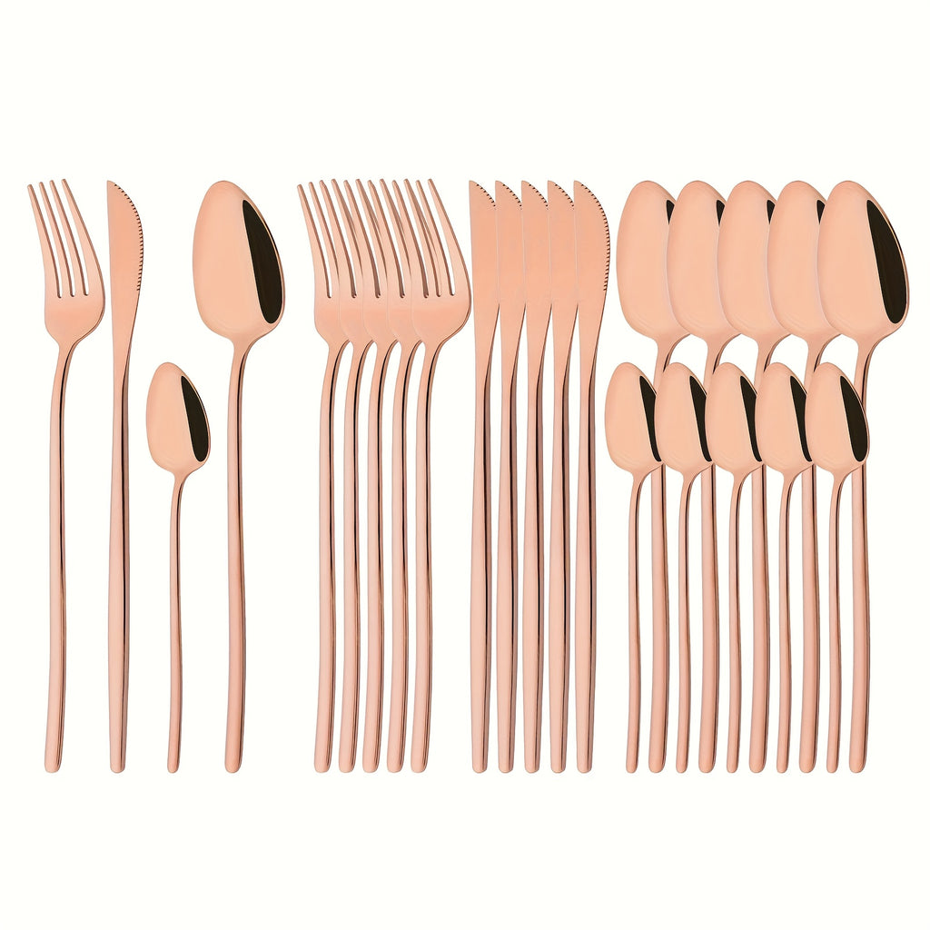 24pcs Stainless Steel Cutlery Set - Elegant White & Golden Finish, Polished Tableware for Christmas, Thanksgiving, Easter, Halloween, Hanukkah, Everyday Dining Essentials, Everyday Cutlery | Elegant Cutlery Set | Durable Cutlery