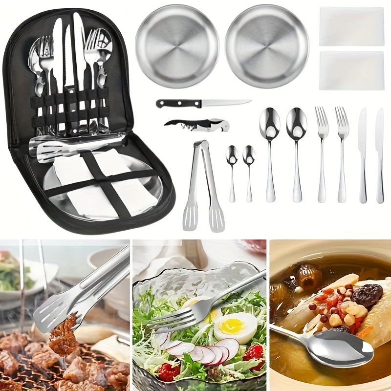 Outdoor Camping Tableware Set with Box, 16pcs Stainless Steel Utensils Including Dinner Knife, Forks, Plates, Soup Spoon, Bottle Opener, Coffee Spoon, Tongs and Storage Bag, Reusable and Dishwasher Safe, Suitable for Outdoor Travel, Picnic Camping, Party