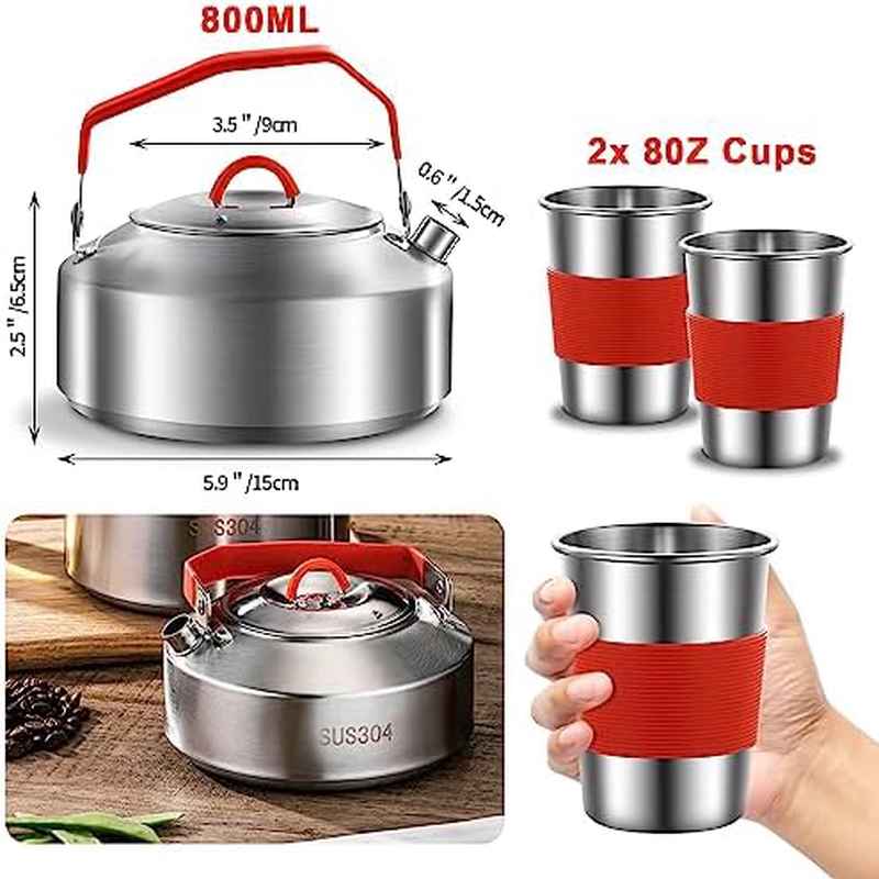 304 Stainless Steel Camping Cookware Set for 2 People - Complete Mess Kit with Pots, Pans, Kettle, Plates, Forks, Knives & Spoons | Lightweight & Durable Outdoor Cookware with Sturdy Carry Bag | Rust-Resistant, Even Heat Distribution for Camping, Picnic,