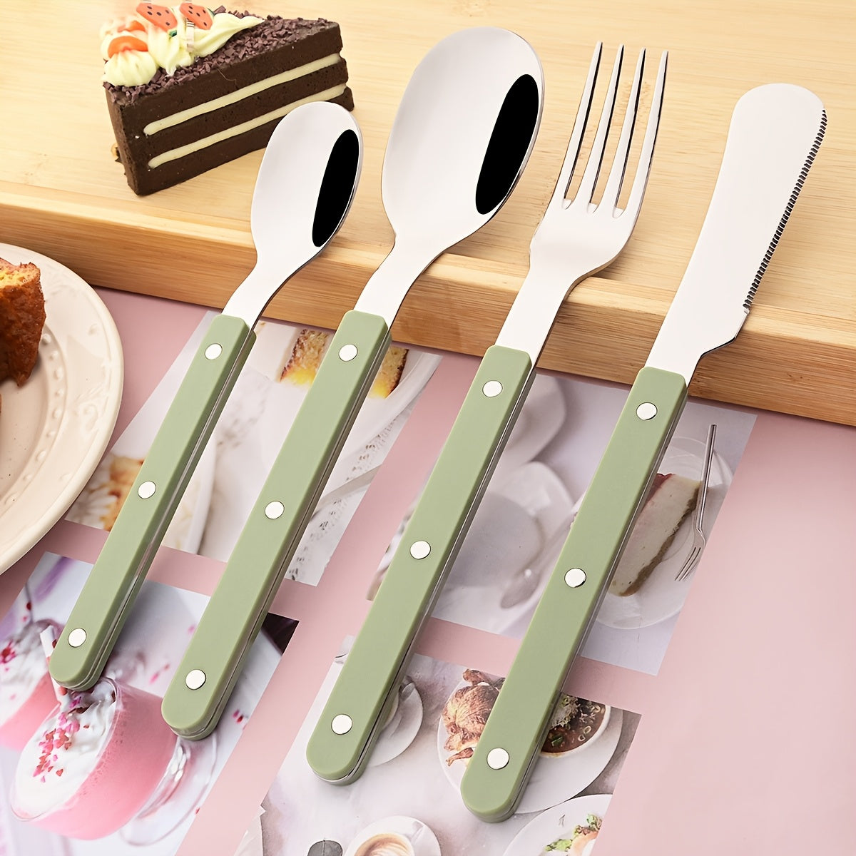 4/16/24pcs Imitation Acrylic Handle Tableware Set, Mirror Stainless Steel Tableware, Dinner Knife, Fork, Spoon, Coffee Spoon Tableware Set, Suitable for Parties, Weddings, Festivals, Restaurants, Hotels, Gifts.