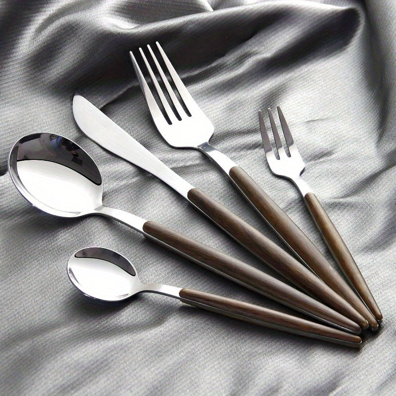 Silverware Set, 20pcs Brown Silicone Handle Stainless Steel Flatware Set, Service 4, Cutlery Set Home Kitchen and Restaurant, Mirror Polished, Kitchen Utensils, Dining Essentials, Elegant Cutlery, Stylish Flatware, Highquality Silverware, Premium