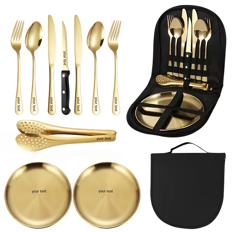 Personalized 10pcs Stainless Steel Camping Utensil Set, Portable, Sturdy, and Lightweight Outdoor Picnic Accessories, Including Plates, Forks, Spoons, Steak Knives, Hiking, Backpacking, Camping Picnics, and Travel Essentials