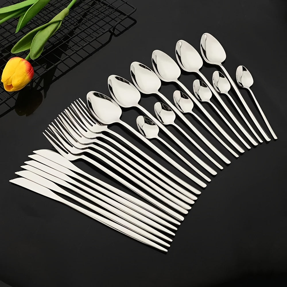 24pcs Stainless Steel Cutlery Set - Elegant White & Golden Finish, Polished Tableware for Christmas, Thanksgiving, Easter, Halloween, Hanukkah, Everyday Dining Essentials, Everyday Cutlery | Elegant Cutlery Set | Durable Cutlery