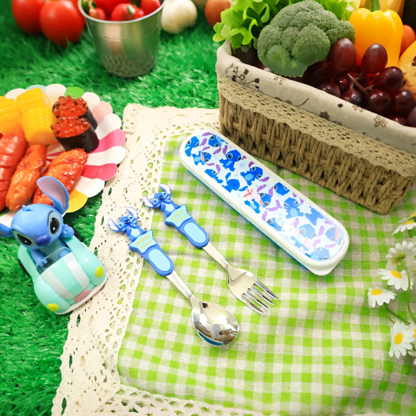 Disney Set of 3 Stitch Stainless Steel Fork And Spoon in a Box, Salad fork, soup spoon, Covered cutlery storage box, Portable And Reusable Cutlery, Cute Supplies for Home And Outdoor, Perfect for Christmas Or Birthday Gifts.