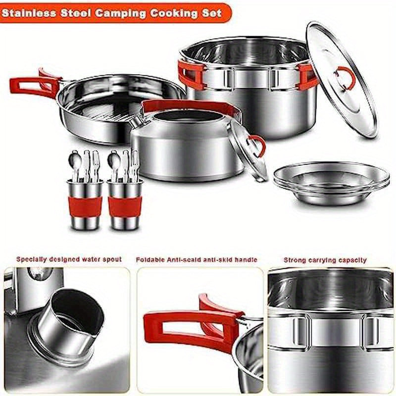 304 Stainless Steel Camping Cookware Set for 2 People - Complete Mess Kit with Pots, Pans, Kettle, Plates, Forks, Knives & Spoons | Lightweight & Durable Outdoor Cookware with Sturdy Carry Bag | Rust-Resistant, Even Heat Distribution for Camping, Picnic,