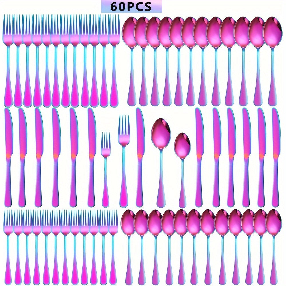 [Rainbow Cutlery Set] 60/30pcs Stainless Steel Cutlery Set | Mirror Polished Flatware Set for 12 People, Dishwasher Safe, Includes Dinner Knives×12, Dinner Spoons×12, Dinner Forks×12, Dessert Spoons×12, Dessert Forks×12 - Ideal for Homes, Restaurants, and